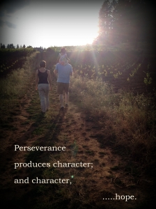 man, woman, and child on walk in vineyard. Words on photo: Perseverance produces character; and character, hope.
